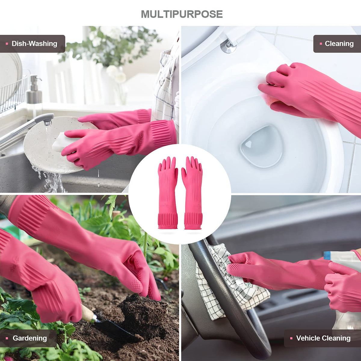 Mamison Rubber Dishwashing Gloves, Non-Slip Kitchen, Pink Medium, 2 Pairs