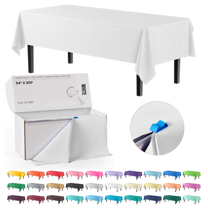 Exquisite Red 54x300in Plastic Disposable Tablecloth Roll with Built-in Cutter - 36 Rectangle Table Covers in a Box