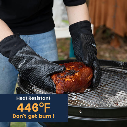 GEEKHOM BBQ Gloves Heat Resistant, 13.7 Inch Long Waterproof Silicone Oven Mitts for Grilling and Smoker, Non-Slip 5 Finger Kitchen Hot Mitts for Baking, Cooking & Cast Iron, Black