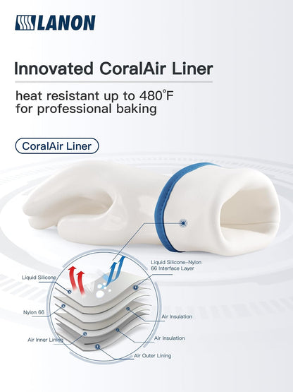 LANON Liquid Silicone Oven Mitts,Heat Resistant,Coral Air Liner,White,Large