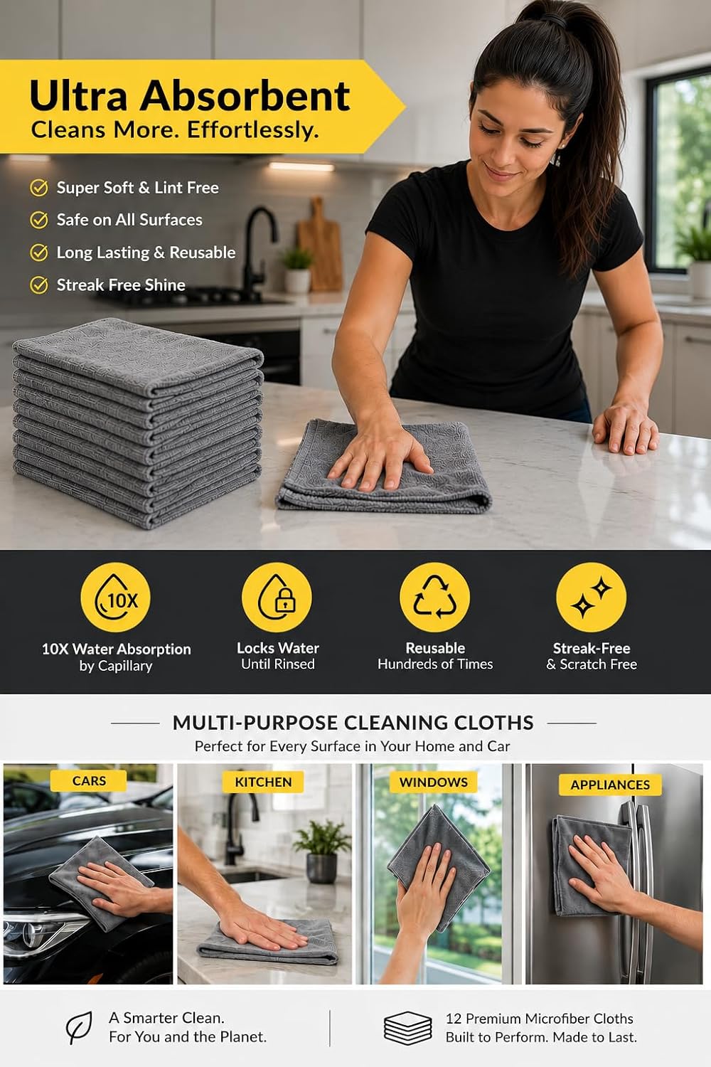Microfiber Cleaning Cloths, 12 Pack, 12 x 12 Inch, 300 GSM, Lint Free, Ultra Absorbent, Streak-Free Cleaning Towels for Car, Kitchen, Windows, Glass & Household Cleaning, Gray
