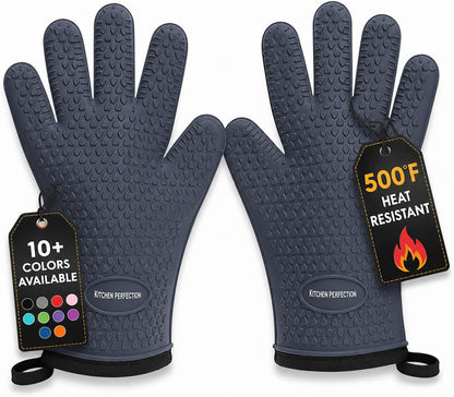 KITCHEN PERFECTION Silicone Smoker Oven Gloves-Extreme Heat Resistant BBQ Gloves-Handle Hot Food Right on Your Grill Fryer & Pit|Waterproof Grilling Cooking Baking Mitts|Superior Value Set +3 Bonuses