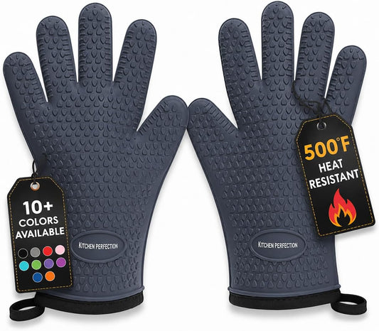KITCHEN PERFECTION Silicone Smoker Oven Gloves-Extreme Heat Resistant BBQ Gloves-Handle Hot Food Right on Your Grill Fryer & Pit|Waterproof Grilling Cooking Baking Mitts|Superior Value Set +3 Bonuses