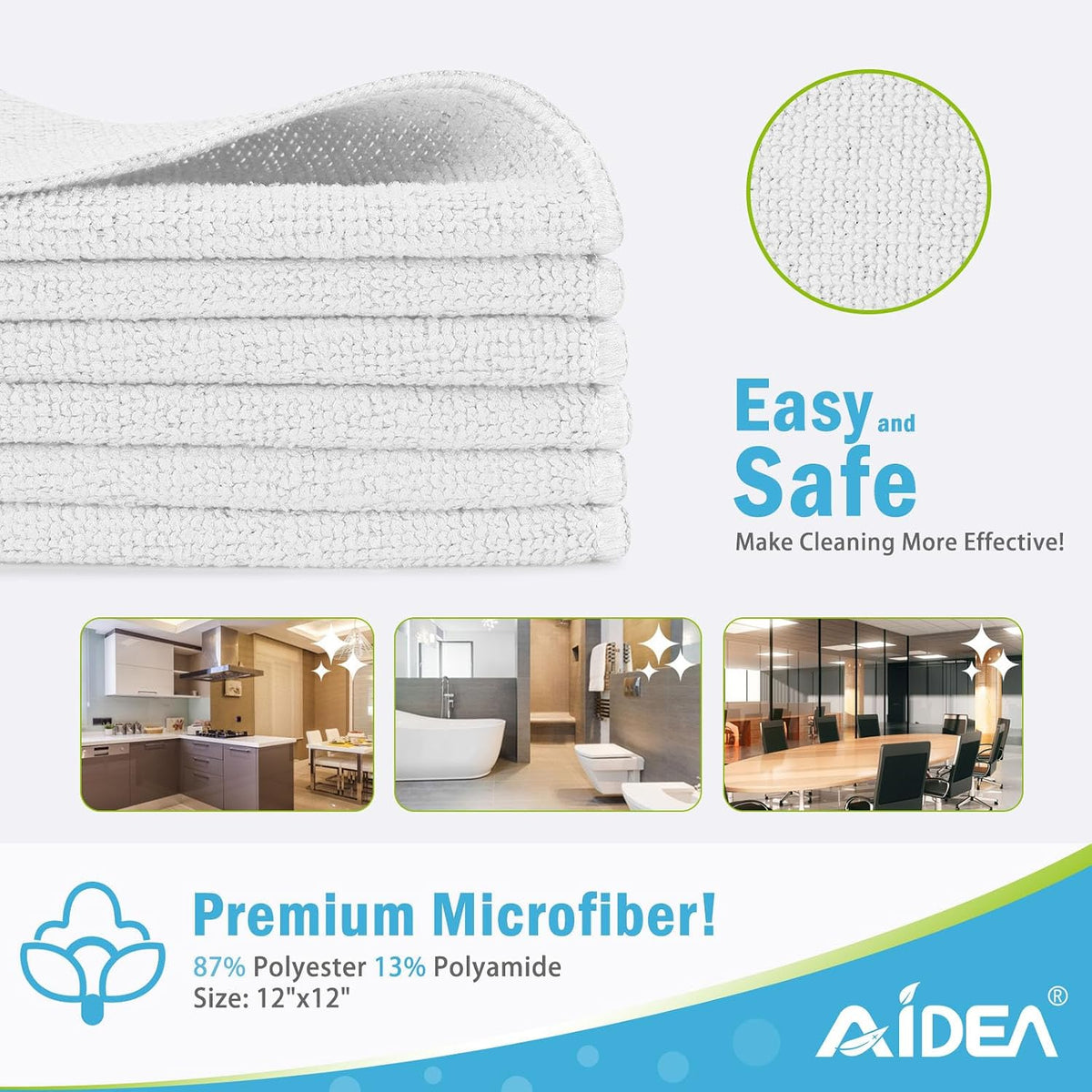 AIDEA White Microfiber Cleaning Cloth-12PK, Cleaning Rags 12"x 12" Reusable
