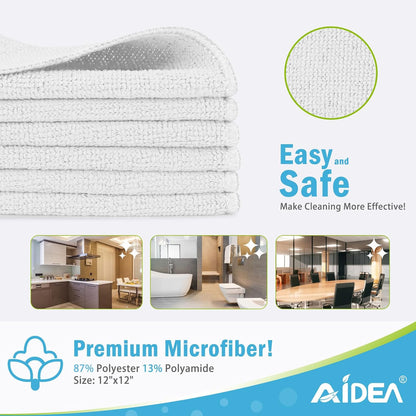 AIDEA White Microfiber Cleaning Cloth-12PK, Cleaning Rags 12"x 12" Reusable