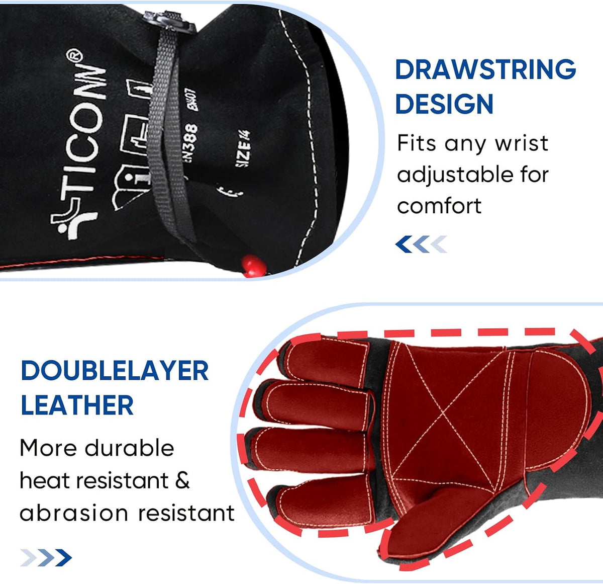 TICONN 16" Leather Welding Gloves for Men, 1000°F Heat Resistant, MIG/TIG