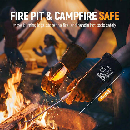 TOPDC 14Inch Welding Gloves 482°F Heat Resistant Leather for Fire Pit Grill