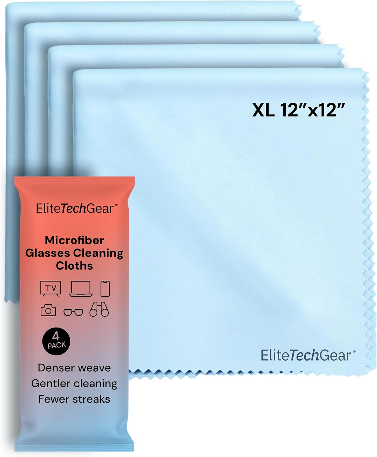 Elite Tech Gear Eyeglass Cleaning Cloth, 4-Pack Blue, 12x12 Glasses Cloth