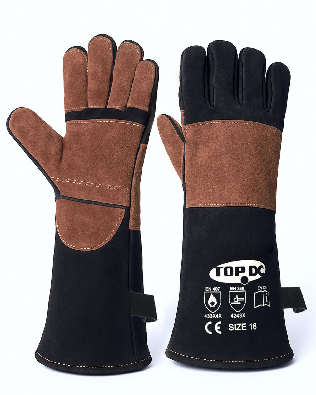 TOPDC 14Inch Welding Gloves 482°F Heat Resistant Leather for Fire Pit Grill