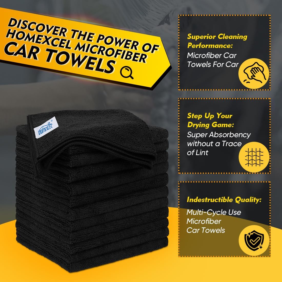 HOMEXCEL Black Microfiber Cleaning Cloth 12 Pack, 12.5 x 12.5 inch Microfiber Towels for Cars, Ultra Absorbent Car Washing Cloth, Lint Free Streak Free Cleaning Rags for Car, Kitchen, and Window