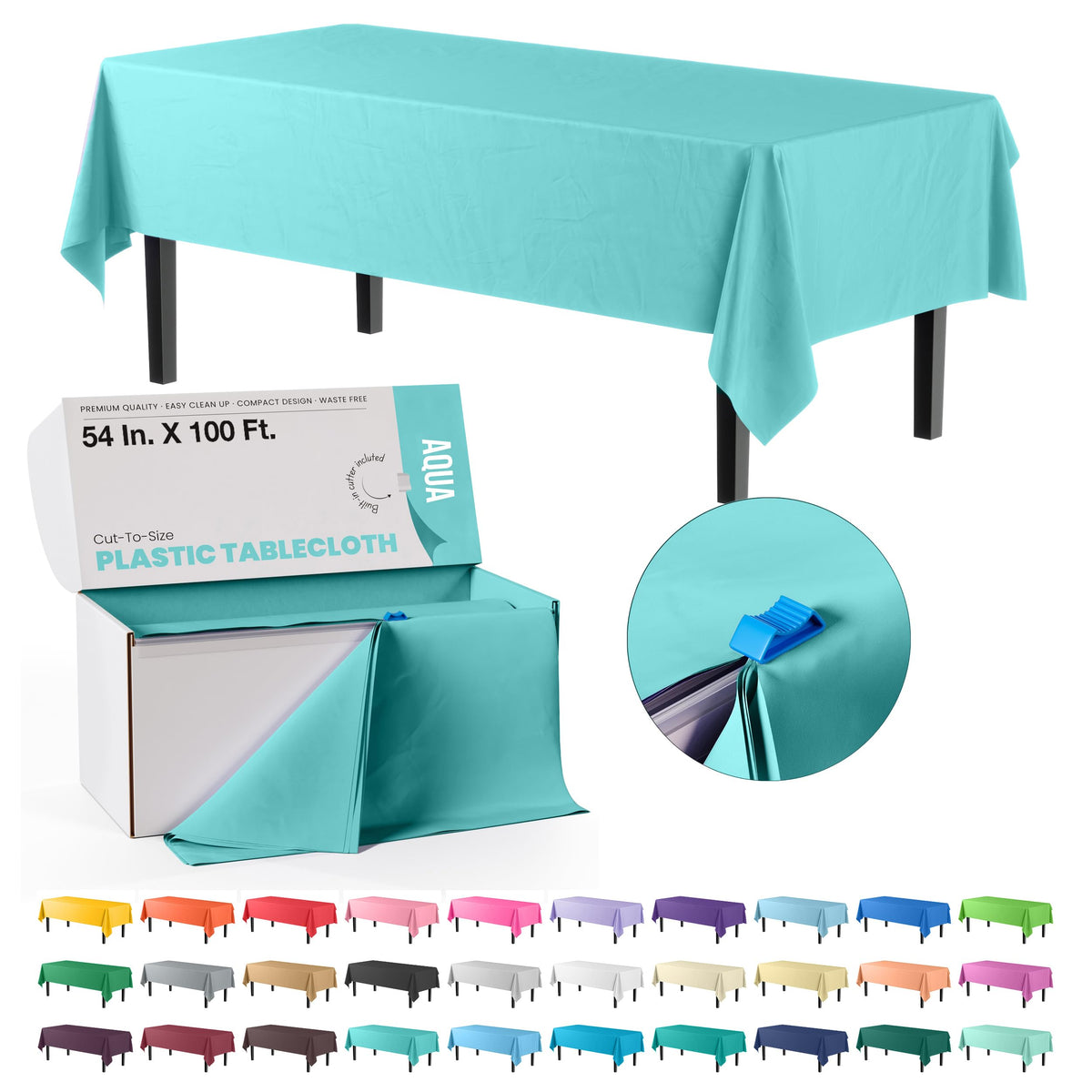 Exquisite Red 54x300in Plastic Disposable Tablecloth Roll with Built-in Cutter - 36 Rectangle Table Covers in a Box