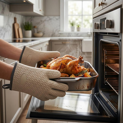 500°F Five-Finger Silicone Oven Mitts, Heat Resistant Non-Slip Oven Gloves with Cotton Lining, Gray 2 Pack