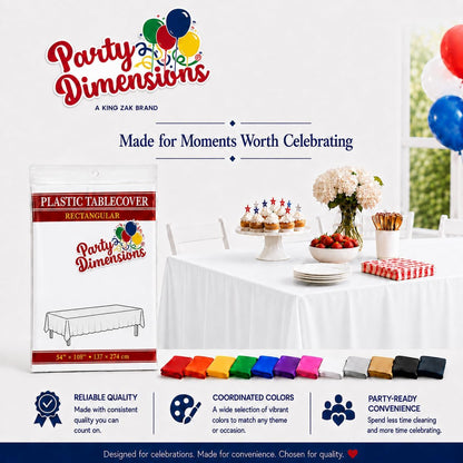 Party Dimensions White Disposable Plastic Tablecloth for Rectangle Tables (12 Pack) Table Cloths for Parties, Events & Weddings, Indoors Outdoors, 54 x 108 inches, Plastic Table Cover