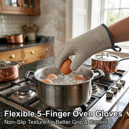 500°F Five-Finger Silicone Oven Mitts, Heat Resistant Non-Slip Oven Gloves with Cotton Lining, Gray 2 Pack