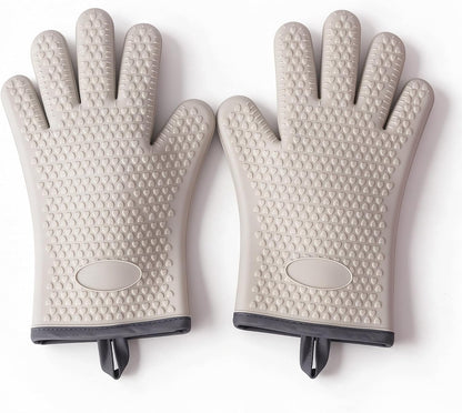 500°F Five-Finger Silicone Oven Mitts, Heat Resistant Non-Slip Oven Gloves with Cotton Lining, Gray 2 Pack