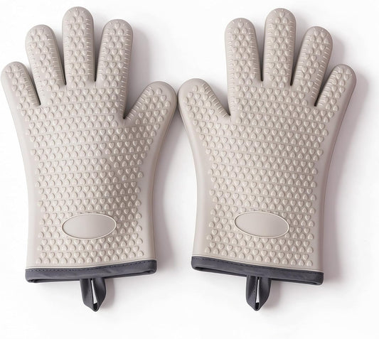 500°F Five-Finger Silicone Oven Mitts, Heat Resistant Non-Slip Oven Gloves with Cotton Lining, Gray 2 Pack