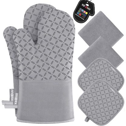 KEGOUU Oven Mitts and Pot Holders 6pcs Set, Kitchen Oven Glove High Heat Resistant 500 Degree Extra Long Oven Mitts and Potholder with Non-Slip Silicone Surface for Cooking (Grey)