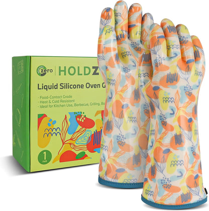 Heat Resistant Gloves for Cooking Thickened Silicone Coating Cotton Liner Waterproof Food Grade Graffiti-Art Printing Medium