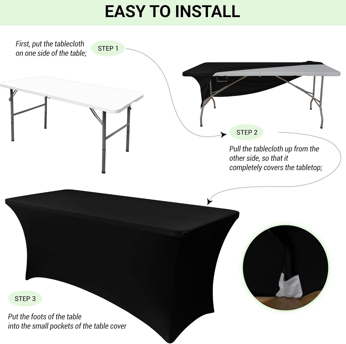 Obstal 6ft Stretch Black Spandex Table Cloth 2 Pack for Folding Tables