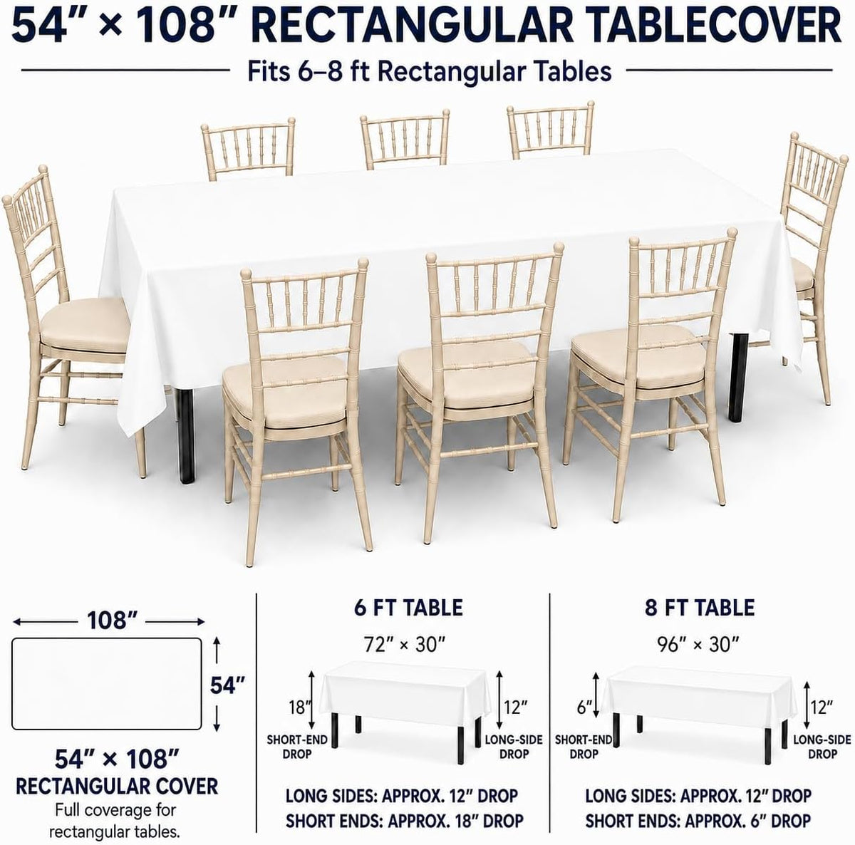 Party Dimensions White Disposable Plastic Tablecloth for Rectangle Tables (12 Pack) Table Cloths for Parties, Events & Weddings, Indoors Outdoors, 54 x 108 inches, Plastic Table Cover
