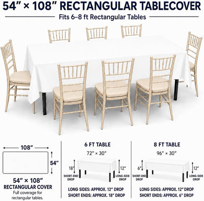Party Dimensions White Disposable Plastic Tablecloth for Rectangle Tables (12 Pack) Table Cloths for Parties, Events & Weddings, Indoors Outdoors, 54 x 108 inches, Plastic Table Cover