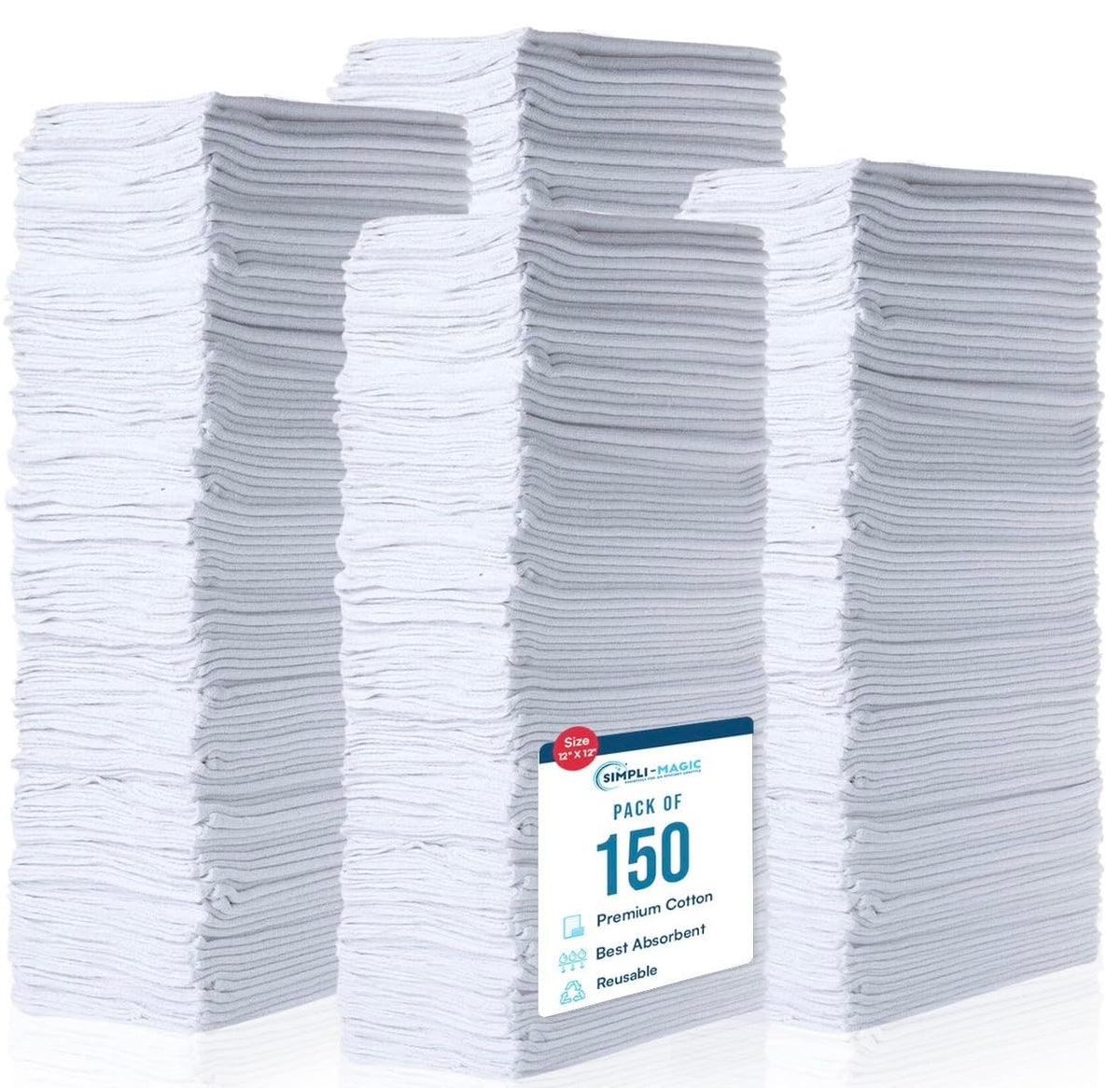 Simpli-Magic Cotton Shop Towels 14"x12" (145 Pack) – Reusable Cleaning Shop Rags for Automobiles, Industries, Garage and Homes (White)