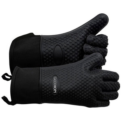GEEKHOM BBQ Gloves Heat Resistant, 13.7 Inch Long Waterproof Silicone Oven Mitts for Grilling and Smoker, Non-Slip 5 Finger Kitchen Hot Mitts for Baking, Cooking & Cast Iron, Black