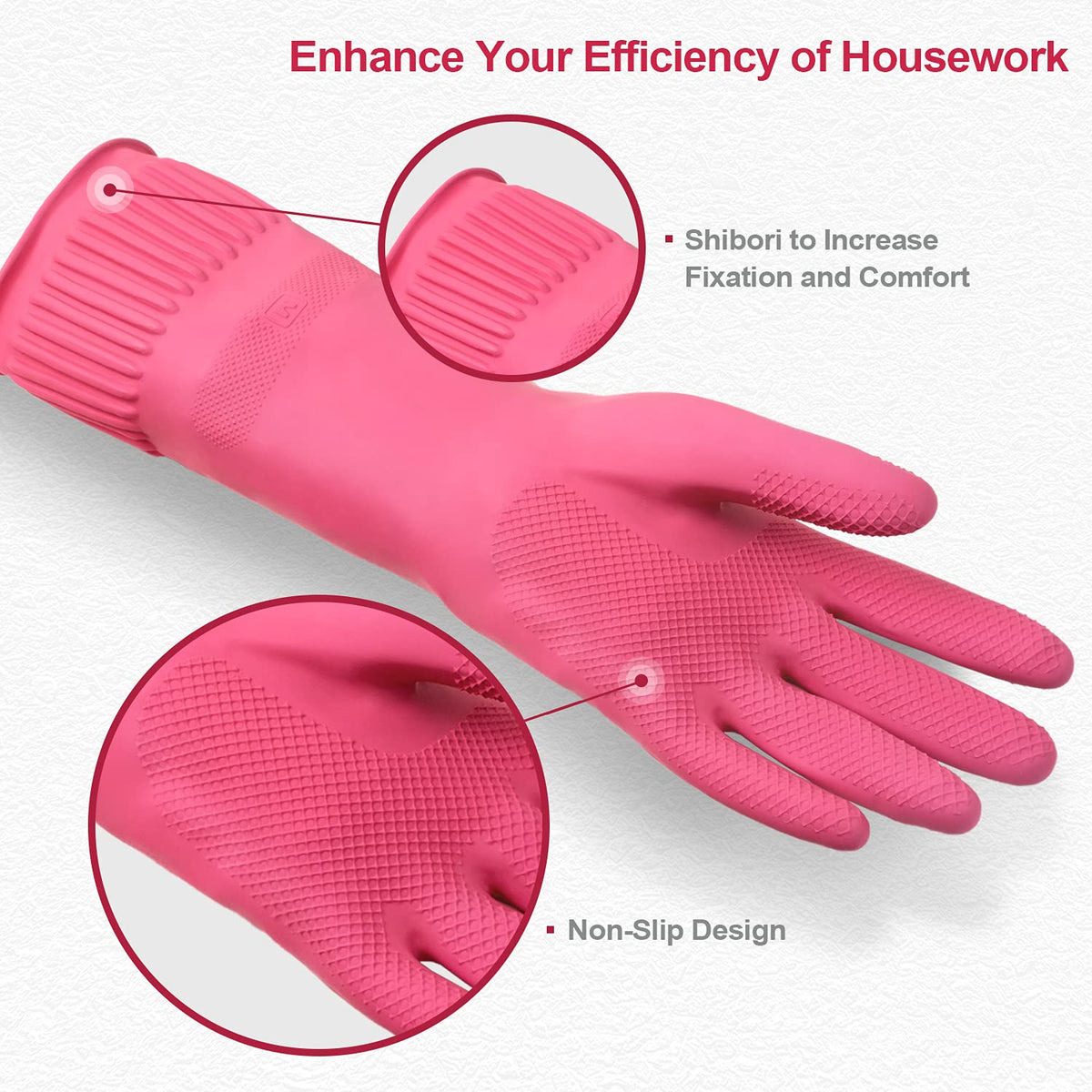 Mamison Rubber Dishwashing Gloves, Non-Slip Kitchen, Pink Medium, 2 Pairs