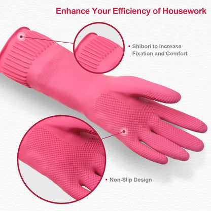 Mamison Rubber Dishwashing Gloves, Non-Slip Kitchen, Pink Medium, 2 Pairs