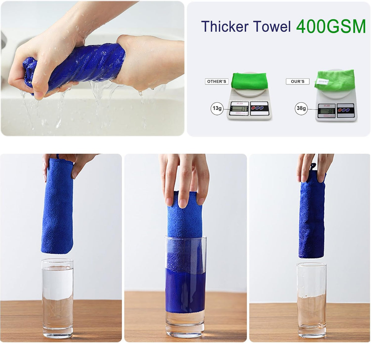 400 GSM Microfiber Cleaning Cloths, Ultra Absorbent, Thick, Lint Free Reusable Cleaning Cloths for Kitchen, Glass, Stainless Steel, Car Detailing & Household Cleaning, 6 Pack, 12" x 12"