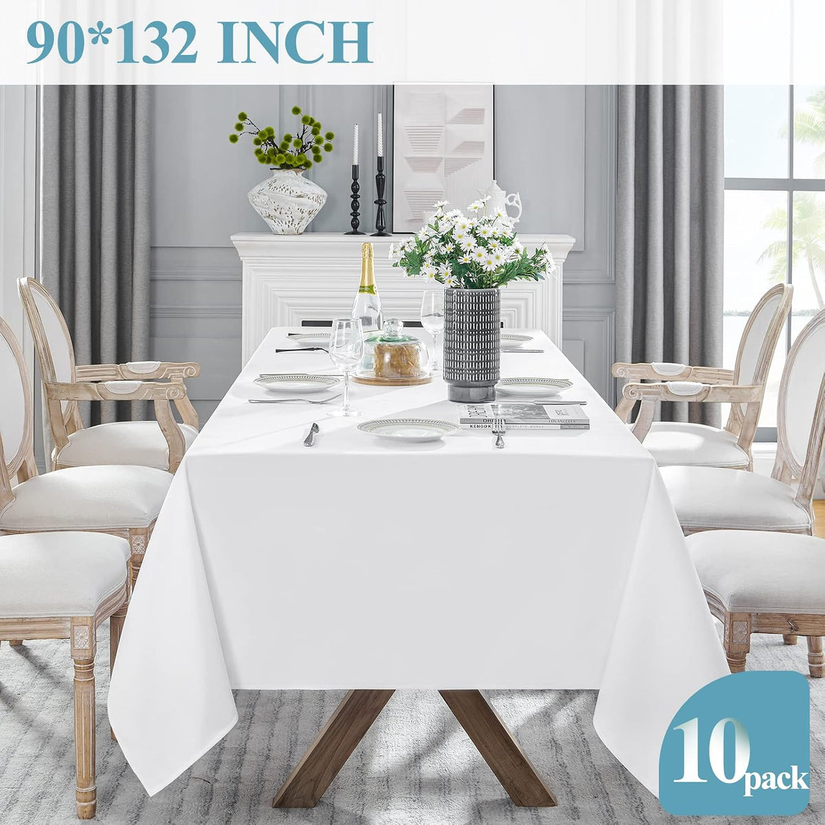 VidaFete Classic Series 10 Pack 90 * 132inch White Rectangle Tablecloth