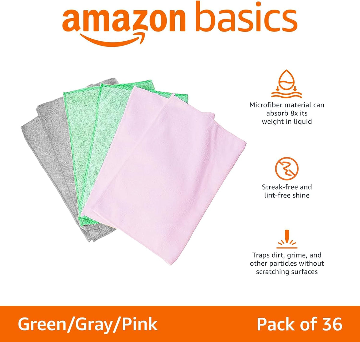 Amazon Basics Microfiber Cleaning Cloths, Ultra Absorbent, Scratch Free, Non-Abrasive, Reusable and Washable, All-Purpose, Car Detailing, 16" x 12", Green/Gray/Pink, 36-Pack