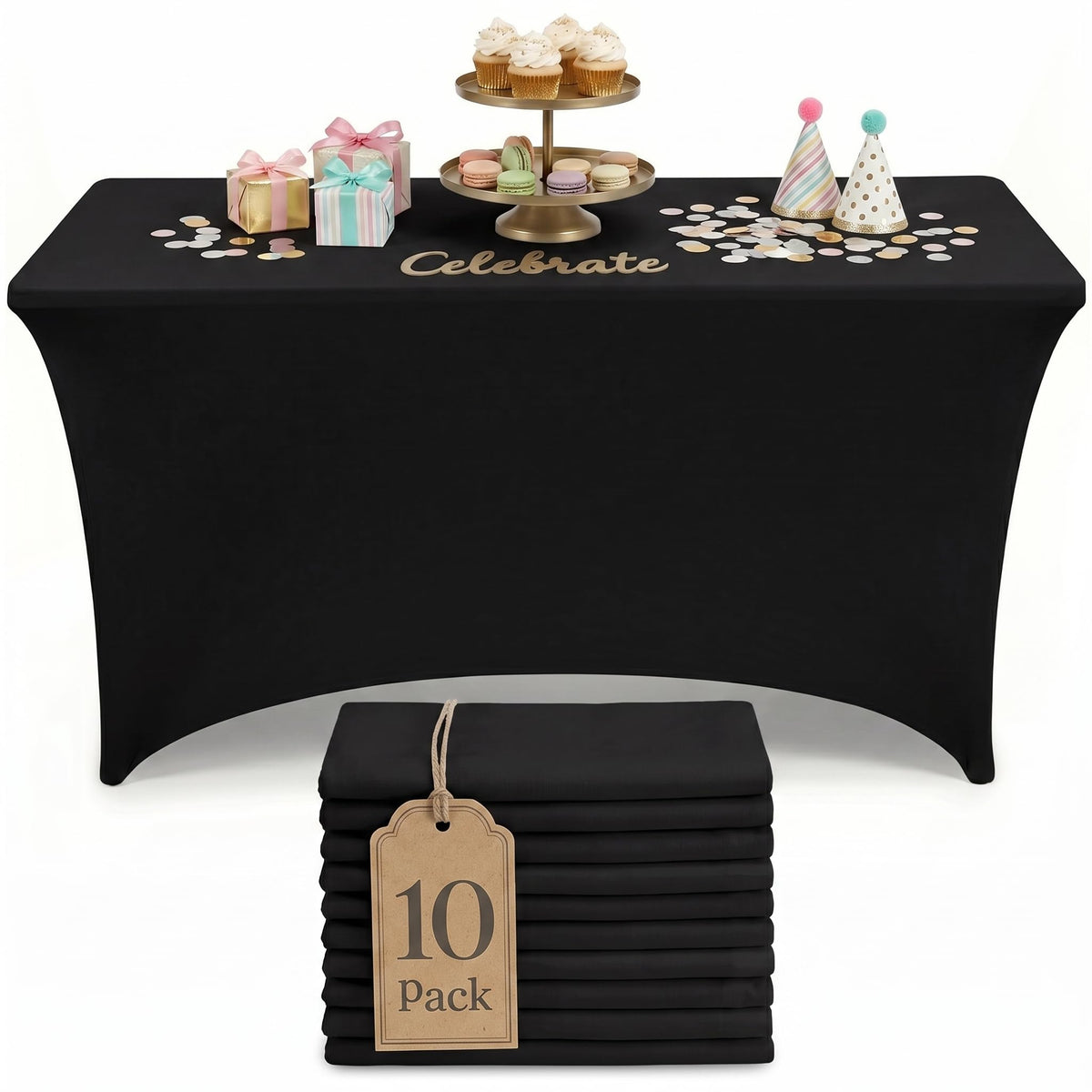 Utopia Kitchen Spandex Table Cloth 2 Pack [8FT, 96Lx30Wx30H Inch, Black]