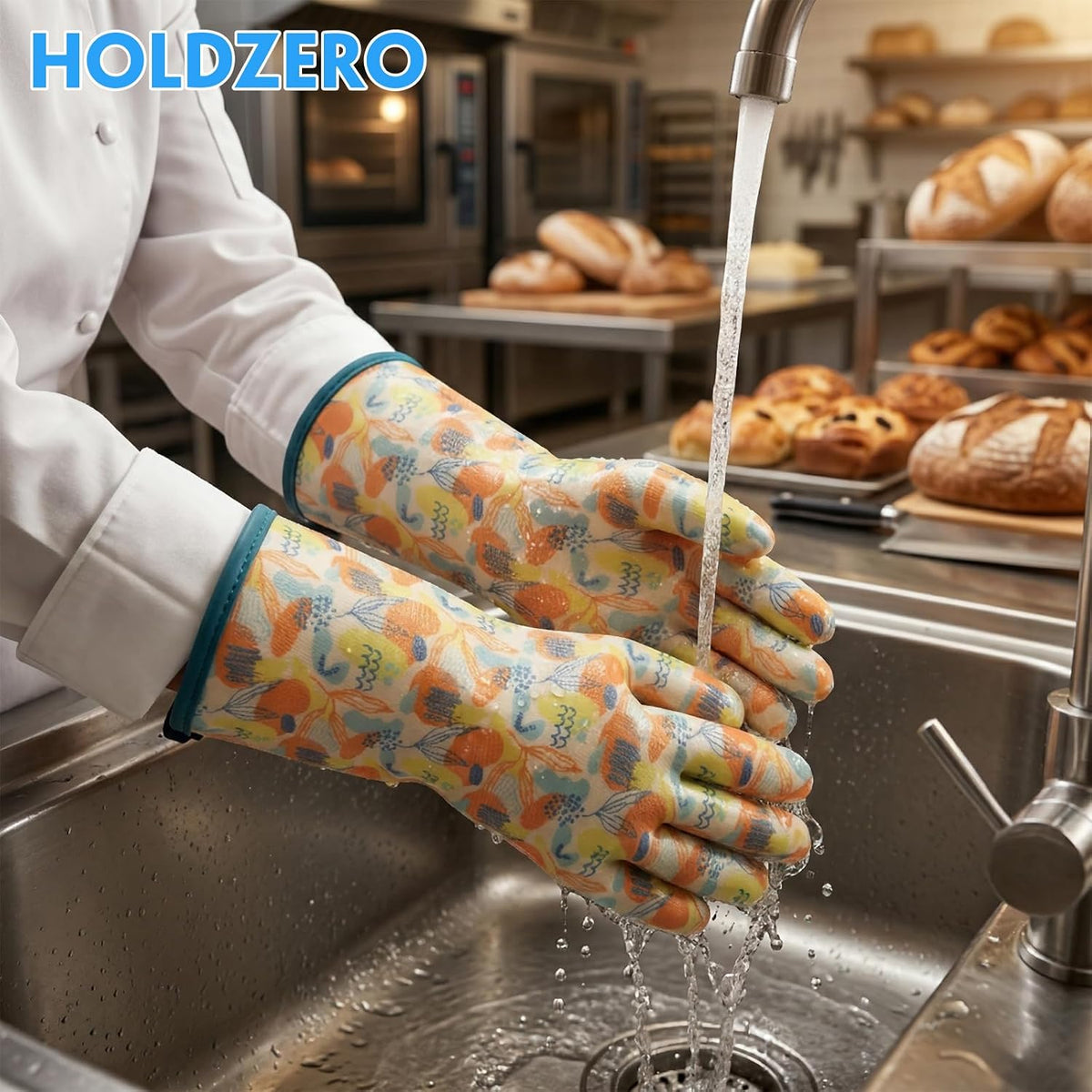 Heat Resistant Gloves for Cooking Thickened Silicone Coating Cotton Liner Waterproof Food Grade Graffiti-Art Printing Medium
