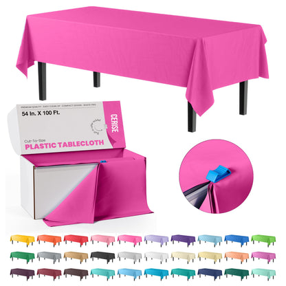 Exquisite Red 54x300in Plastic Disposable Tablecloth Roll with Built-in Cutter - 36 Rectangle Table Covers in a Box