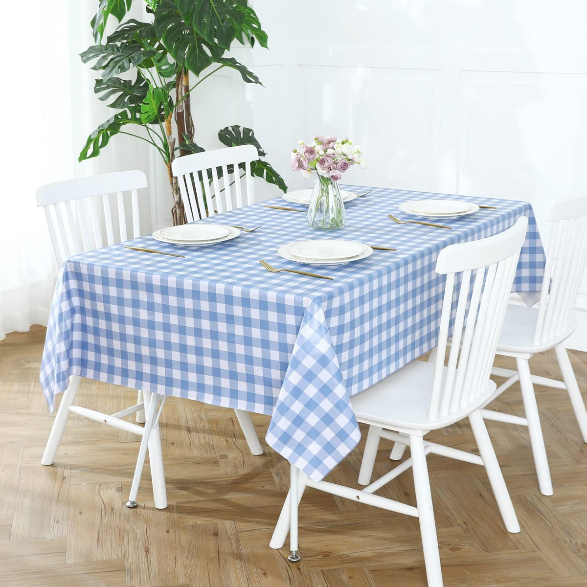 Romanstile Gingham Vinyl Tablecloth, Rectangle 54 x 78, Light Blue