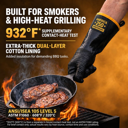 932°F Heat Resistant BBQ Gloves, Extra-Thick Lining, 14-Inch (XL)
