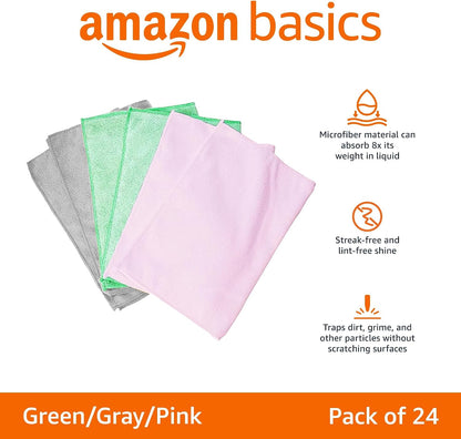 Amazon Basics Microfiber Cleaning Cloths, Ultra-Soft and Highly Absorbent, Streak-Free, Lint-Free, Scratch-Free, Washable, for Car Detailing and Glass Cleaning, 16" x 12", Green/Gray/Pink, 24-Pack