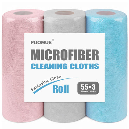 Puomue 55 Pack Microfiber Cleaning Cloth Roll, Tear Away Reusable Paper Towels, 11" x 9", Ultra Absorbent & Lint Free Microfiber Cloth for Cleaning Cars, Kitchen, Window, Home and Shop, Grey