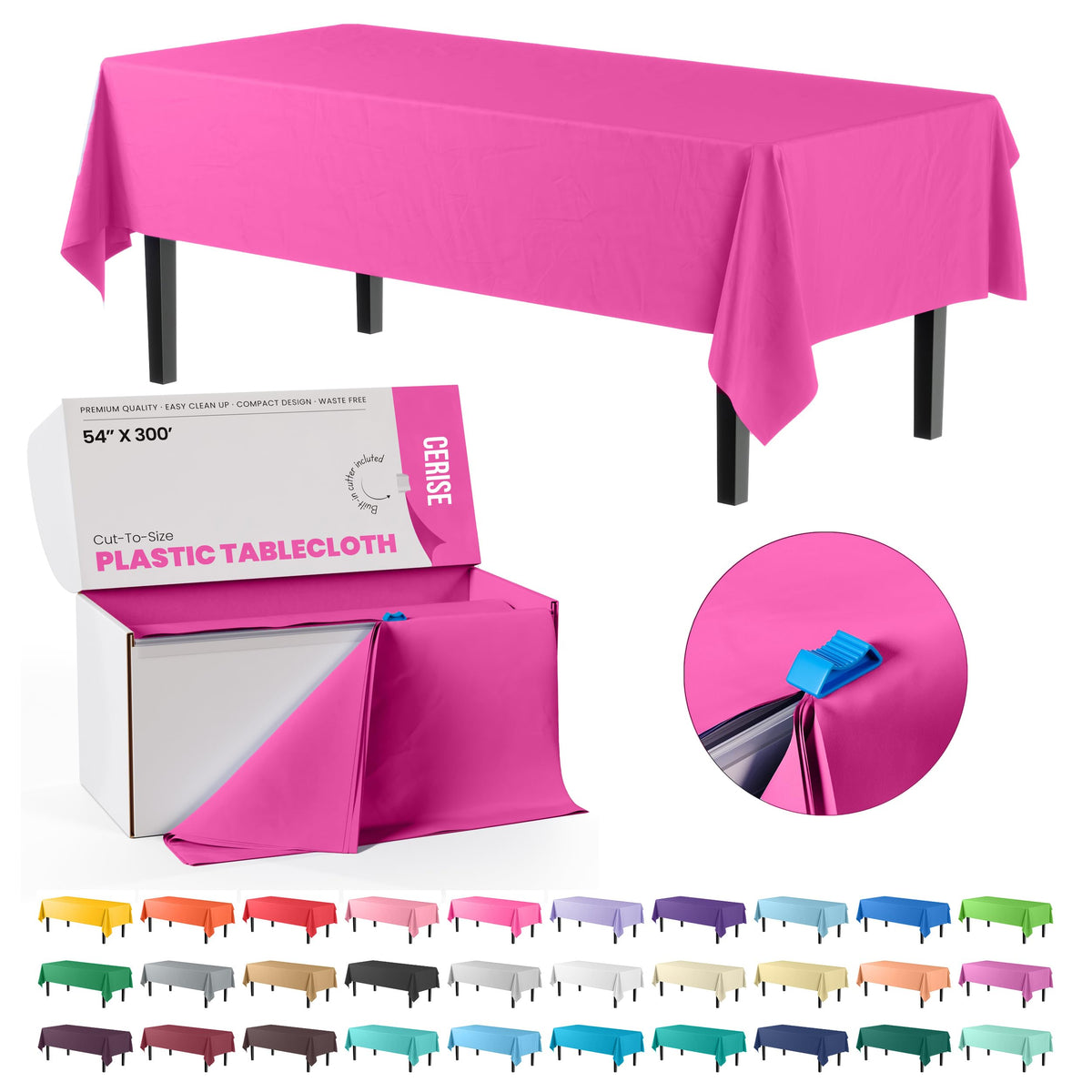 Exquisite Red 54x300in Plastic Disposable Tablecloth Roll with Built-in Cutter - 36 Rectangle Table Covers in a Box
