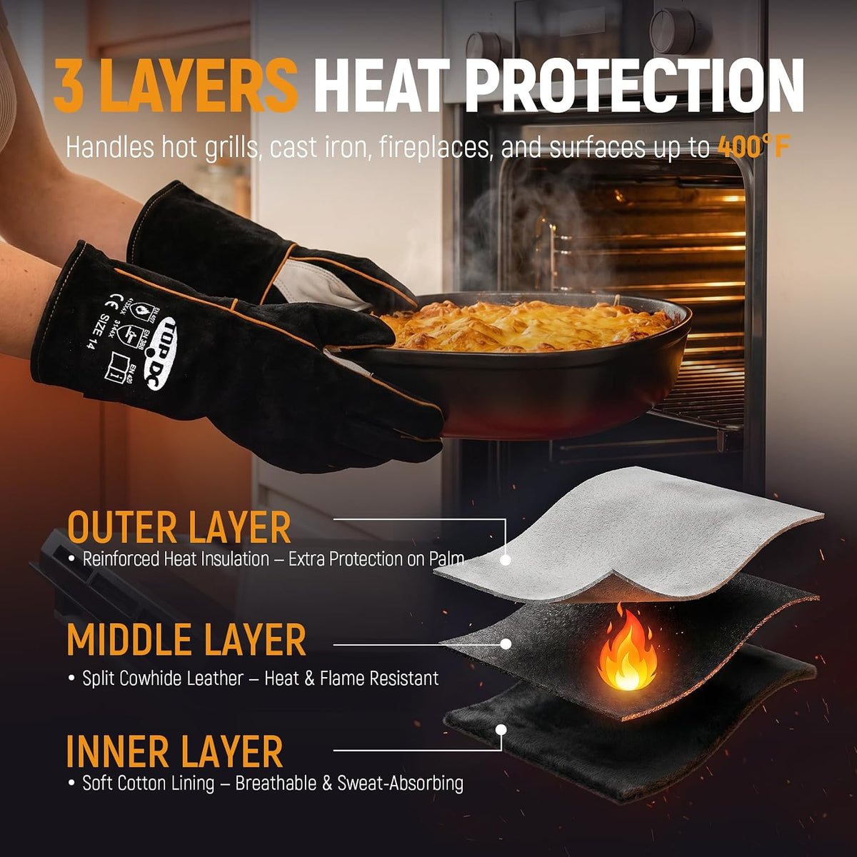 TOPDC 14Inch Welding Gloves 482°F Heat Resistant Leather for Fire Pit Grill