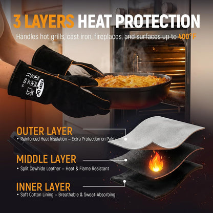 TOPDC 14Inch Welding Gloves 482°F Heat Resistant Leather for Fire Pit Grill