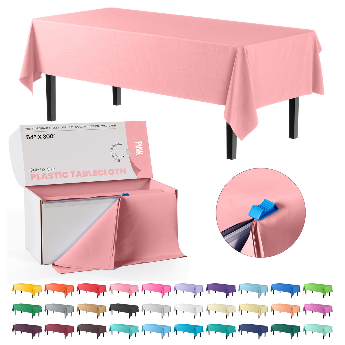 Exquisite Red 54x300in Plastic Disposable Tablecloth Roll with Built-in Cutter - 36 Rectangle Table Covers in a Box