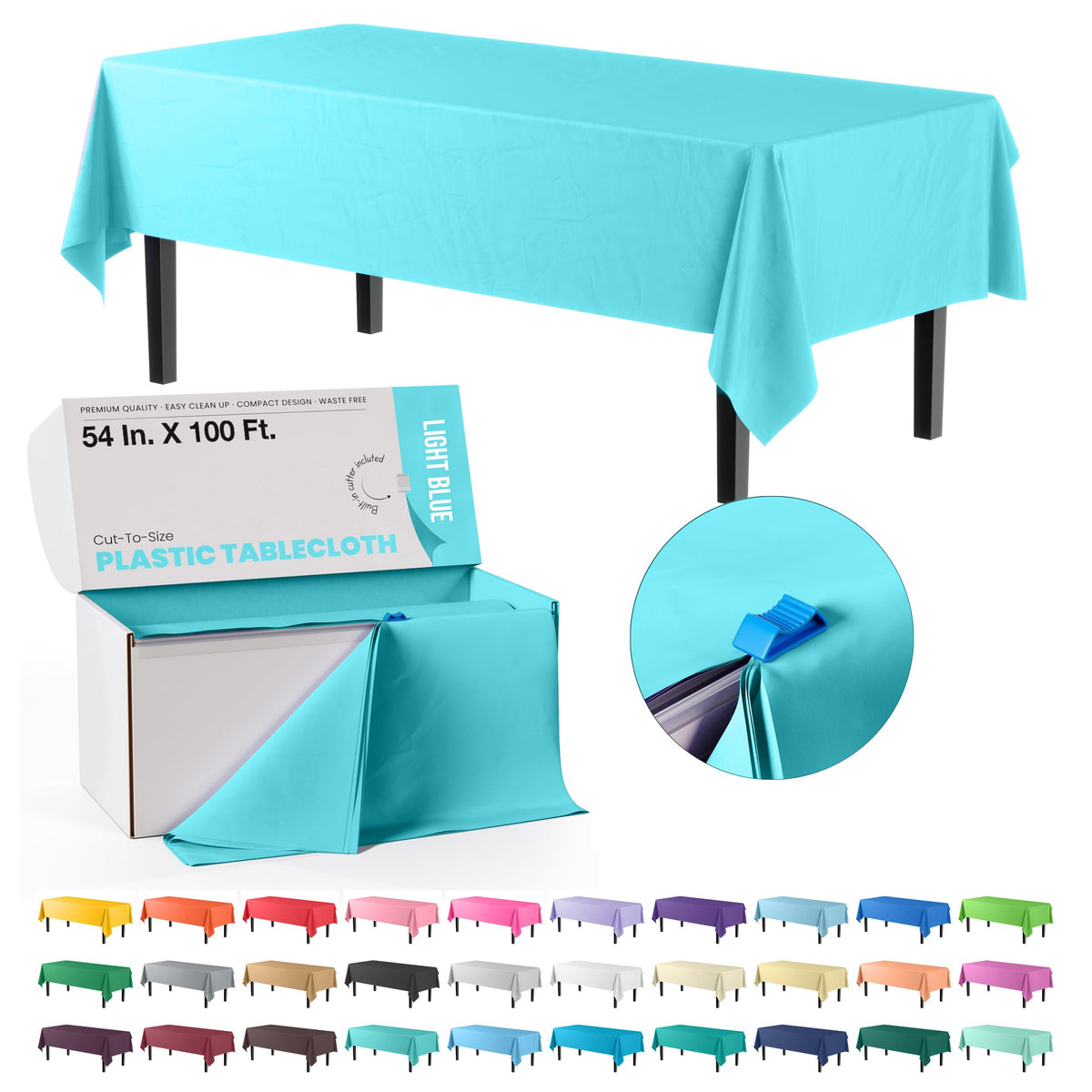 Exquisite Red 54x300in Plastic Disposable Tablecloth Roll with Built-in Cutter - 36 Rectangle Table Covers in a Box
