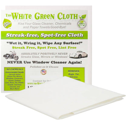 The White Green Cloth 4-Pack Reusable Cleaning Cloths for Streak-Free Windows, Mirrors & All-Purpose Use – Chemical-Free, Absorbent, Non-Abrasive, 16" x 16" White Cleaning Rags, Made in The USA