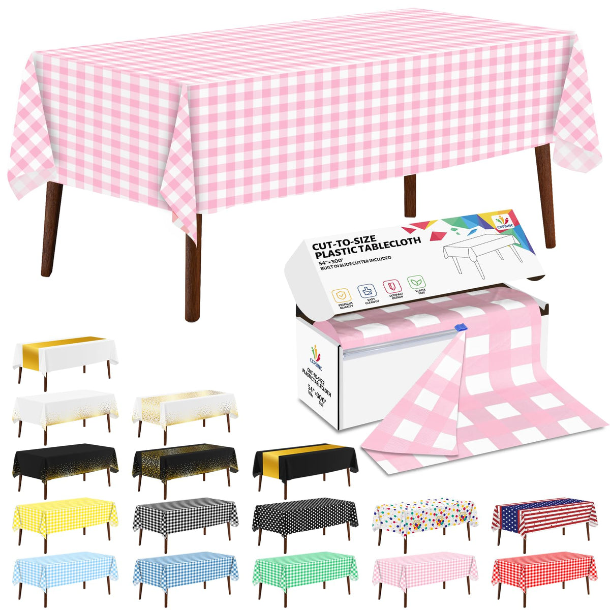 CXPSINC White Plastic Table Cloth Disposable Tablecloth Roll 54 Inch X 300 Feet Plastic Table Cover Roll with Slide Cutter for Picnics, Parties, Banquet, Birthdays, Weddings