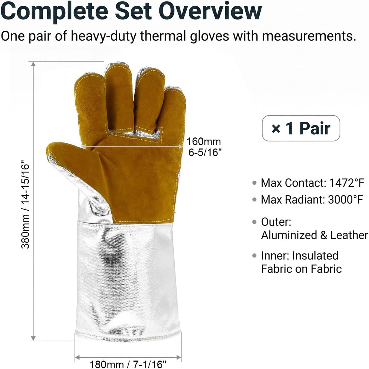 QWORK High Temperature Aluminized Welding Gloves, 14-Inch Heat Resistant Safety Workwear for Smelting & Metal Industries, 972°F Resistance