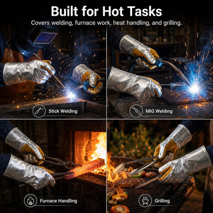 QWORK Aluminized Heat Resistant Welding Gloves, 932°F Large Forge Foundry Gloves for Stick MIG Welding, Furnace, Metal Casting, Grilling and High Heat Handling