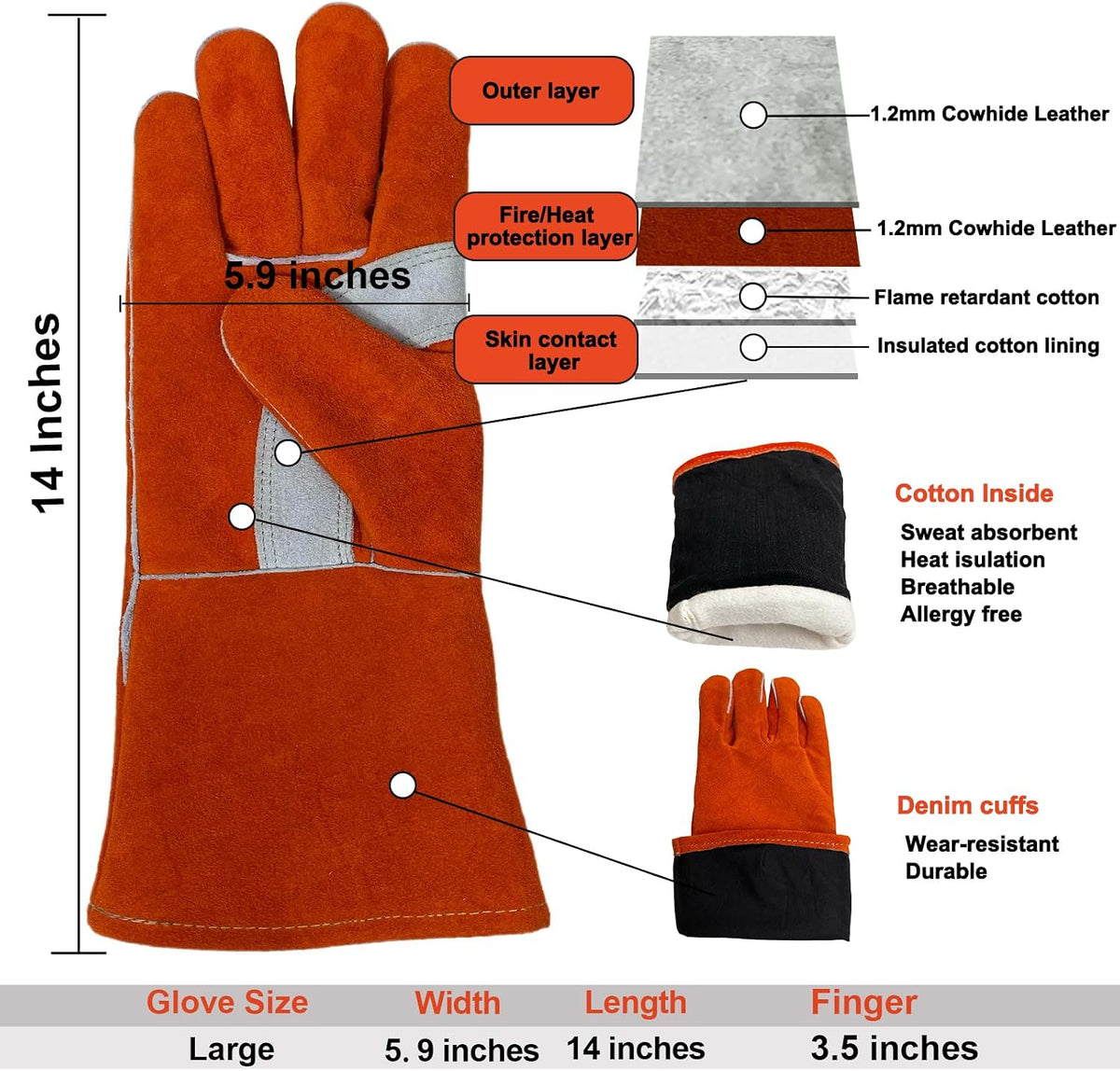 Welding Gloves for Women Heat Fire Resistant Leather 14" L Red