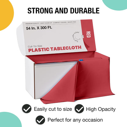 Exquisite Red 54x300in Plastic Disposable Tablecloth Roll with Built-in Cutter - 36 Rectangle Table Covers in a Box